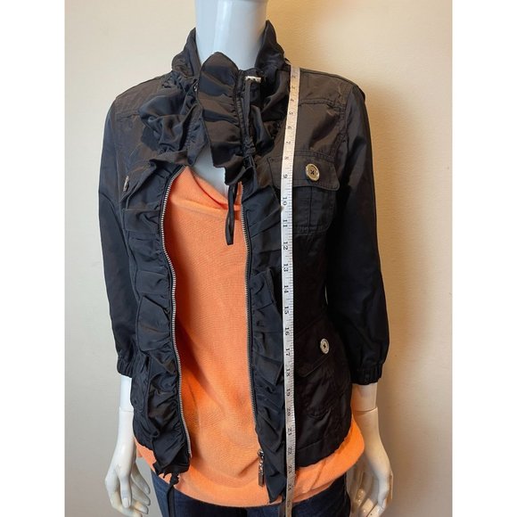White House Black Market Womens Windbreaker Jacket Full Zip Up Ruffle Black SZ 2 - Picture 2 of 4